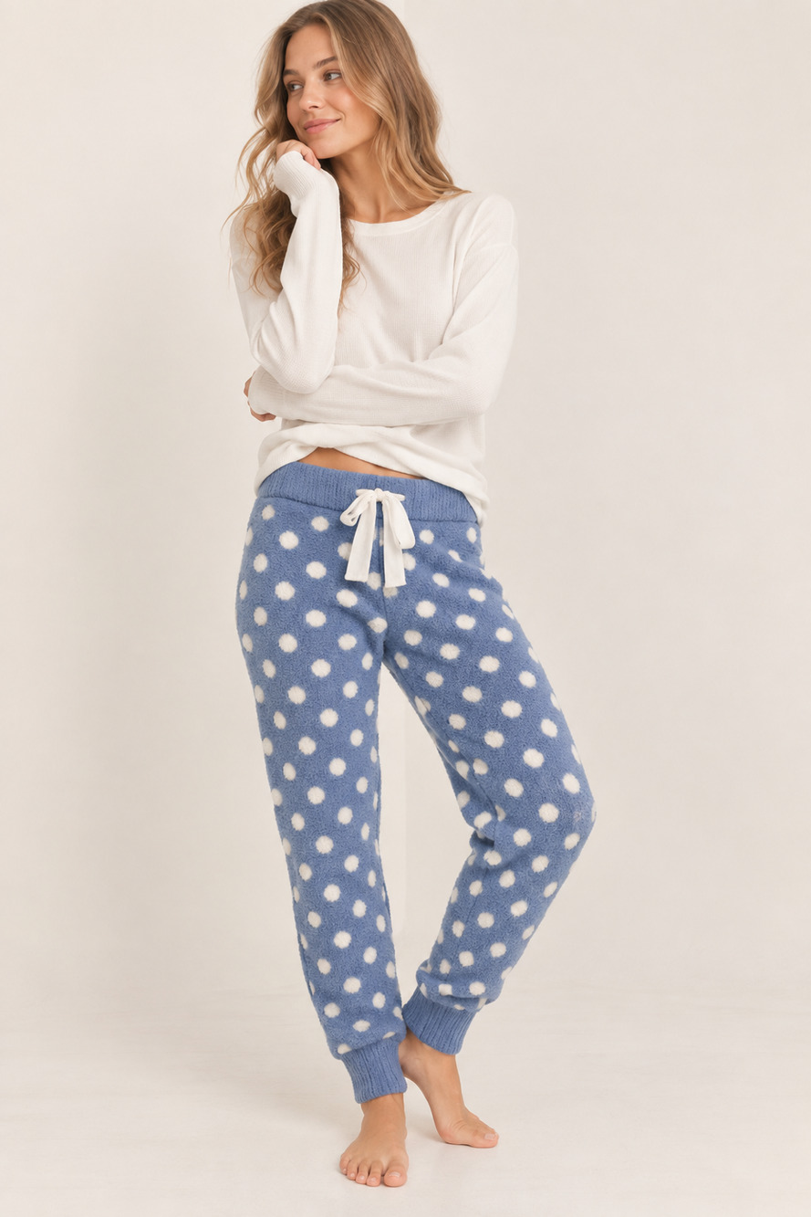 Honeydew Pajama Bottoms Fleece Fuzzy Blue/White Polka Dots Women M Drawstring